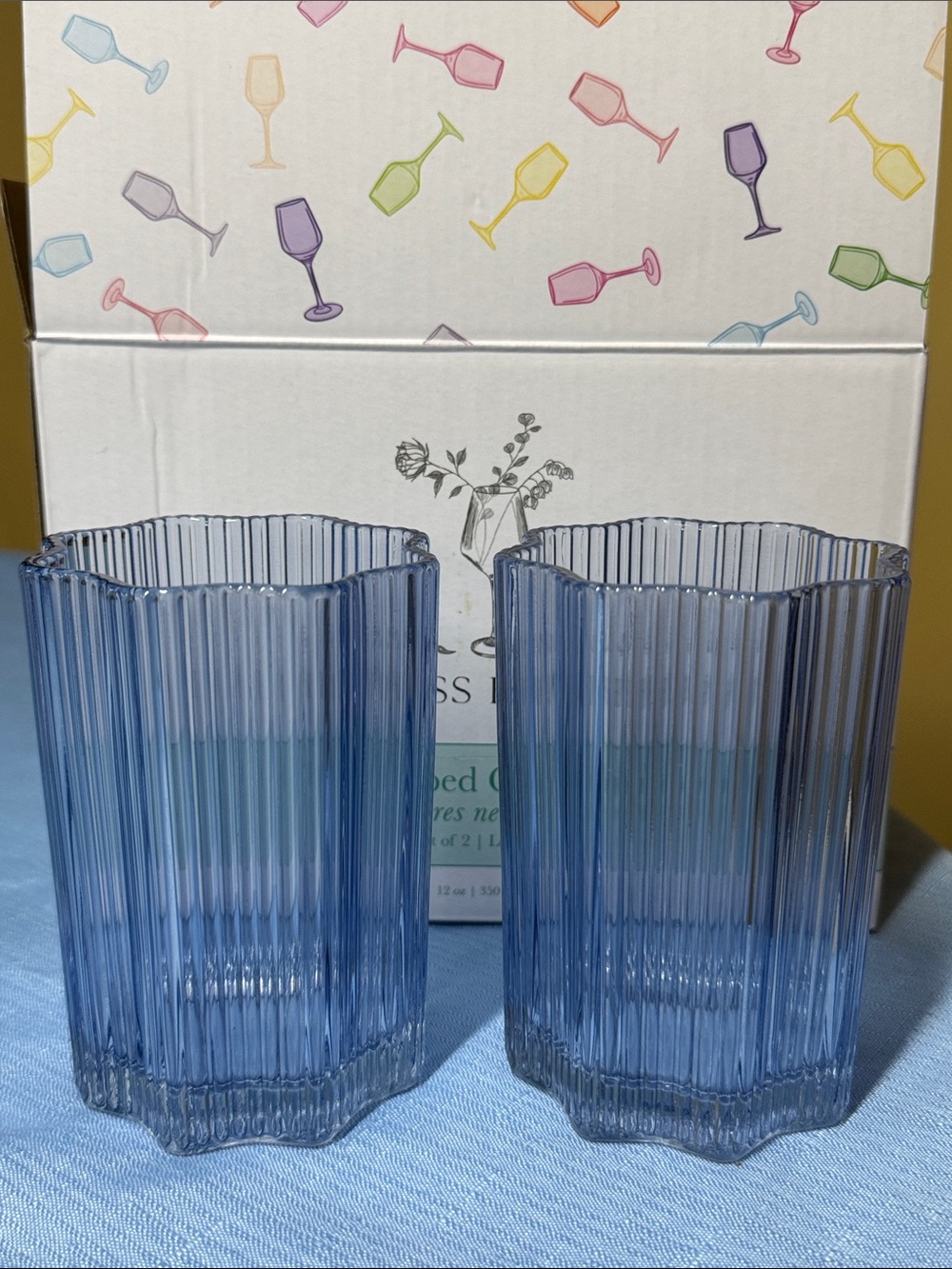 GLASS HAUSE ~ Two (2) Blue Ribbed Glasses  ~ 12oz ~ 4.5"